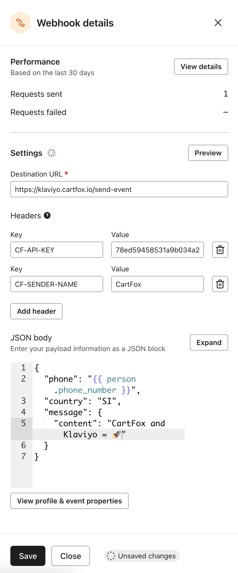 Webhook configuration panel